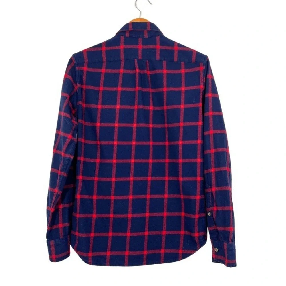 J. Crew Mens Slim Flannel Shirt Navy Blue Red Plaid‎ Windowpane Men's  Sz Small